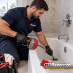 Plumber using a hand auger to clear a bathtub drain
