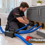Technician connecting drying hoses beneath a bathroom vanity