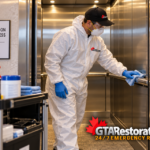 GTA Restoration technician wiping an elevator handrail during disinfection