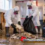 Two technicians collecting damaged drywall pieces in heavy-duty disposal bags