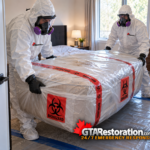 Two protected technicians handle a mattress enclosed in wrapping with biohazard labels.