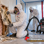 Technicians removing mold-damaged drywall inside a plastic containment enclosure