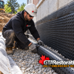 Technician fits drainage pipe into a gravel-lined trench along a basement wall.