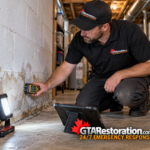 Technician checks a discoloured basement wall with a moisture meter.