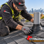 Technician replacing flashing around a roof vent pipe