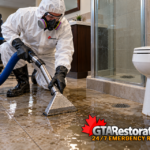 Technician extracting wastewater from a tiled basement bathroom