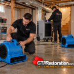 Technicians position air movers and check a dehumidifier in a basement.