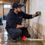 Technician checking a water-damaged basement wall with a moisture meter
