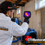 Technician scanning a damp basement wall with a thermal camera