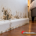 Dark spotting on a white baseboard and wall beside wood flooring