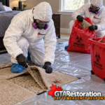Technicians remove stained carpet and underpad beside labelled biohazard waste containers.