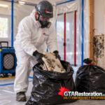Technician placing mold-damaged drywall pieces into a heavy-duty disposal bag
