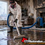 Technician extracts firefighting water from a smoke-damaged room.