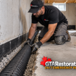 Two installers secure white dimpled membrane above a basement perimeter drainage channel.