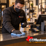 Technician disinfecting a retail checkout counter after closing