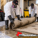 Two technicians rolling up contaminated basement carpet for removal