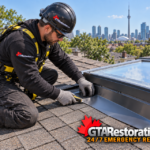 Roofer repairing flashing along the edge of a skylight