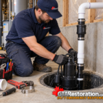 Plumber installing a sump pump inside a basement sump basin