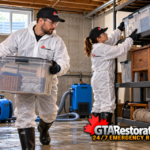 Technicians moving storage bins onto elevated basement shelving