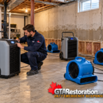 Technician adjusting a dehumidifier beside air movers in a water-damaged basement