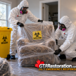 Two technicians wrap an upholstered armchair in protective film bearing a biohazard label.