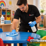Technician sanitizing a plastic activity table in an empty childcare room