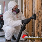 Technician using a vacuum brush attachment on exposed wooden wall studs