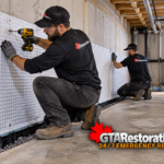 Two technicians position a sump basin connected to a basement perimeter drain.
