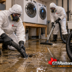 Technicians removing wastewater around a laundry room floor drain