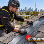 Technician repairing the valley between two sloping roof sections