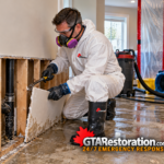 Technician removing damaged lower drywall after a sewage backup