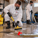 Technicians in protective clothing scrub and extract water from a tiled basement floor.