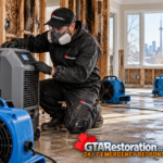 Dehumidifier and air movers dry a room affected by fire and firefighting water.