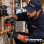 GTA Restoration plumber turning a red water shutoff valve beside a water meter