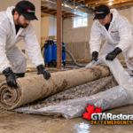 Technicians wrapping damaged carpet and underpad in plastic