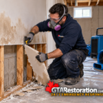 Technician removing damaged lower drywall from a basement wall