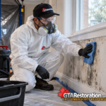 Technician wearing protective equipment wiping a mold-affected surface beneath a window