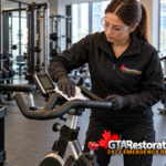 Technician wiping exercise bike handlebars with a disinfectant cloth