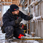 Plumber inspecting frost-covered pipes with a flashlight in a basement