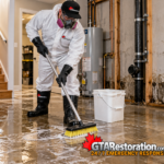 Technician scrubbing a basement tile floor with a long-handled brush