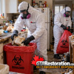 Technicians in protective suits collect soiled clutter from a neglected kitchen into biohazard containers.