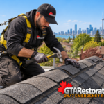 Roofer securing ridge cap shingles along a roof peak