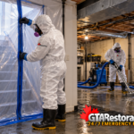 Technician securing a clear containment doorway beside a cleanup area