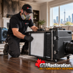 Air filtration equipment operates inside a smoke-damaged room during restoration.
