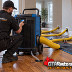 Technician adjusting a dehumidifier beside targeted drying equipment