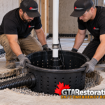 Technician checks a sump basin, discharge piping, high-water alarm, and battery enclosure.