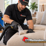 Technician cleans a beige sofa using a clear upholstery extraction tool.