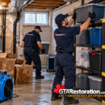 Two restoration technicians moving storage bins onto basement shelving