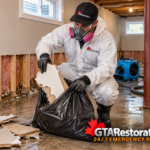 Technician bagging damaged drywall beside exposed wall framing