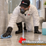 Technician wiping bathroom floor tiles beside a cleaning solution container